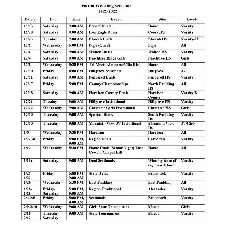 2021-22 Season Schedule – Paulding County Wrestling